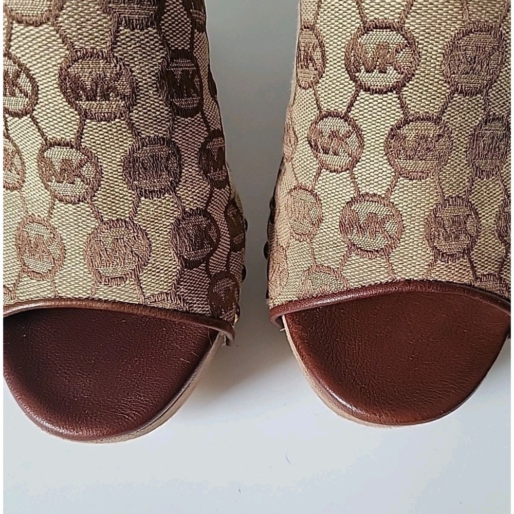 Michael Kors Belinda Open Toe Mules 9M Logo Canvas Suede Leather Platform Wedge - Picture 8 of 15